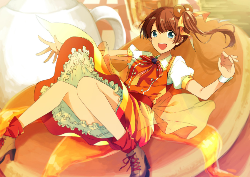 1girl :d blue_eyes blueberry bow brown_hair brown_shoes food food_themed_hair_ornament food_themed_ornament frills fruit full_body hair_ornament highres long_hair looking_at_viewer morinaga_(brand) open_mouth orange_skirt original pancake personification red_bow red_legwear shoes side_ponytail sitting skirt smile socks solo strawberry tubaki-88 wrist_cuffs