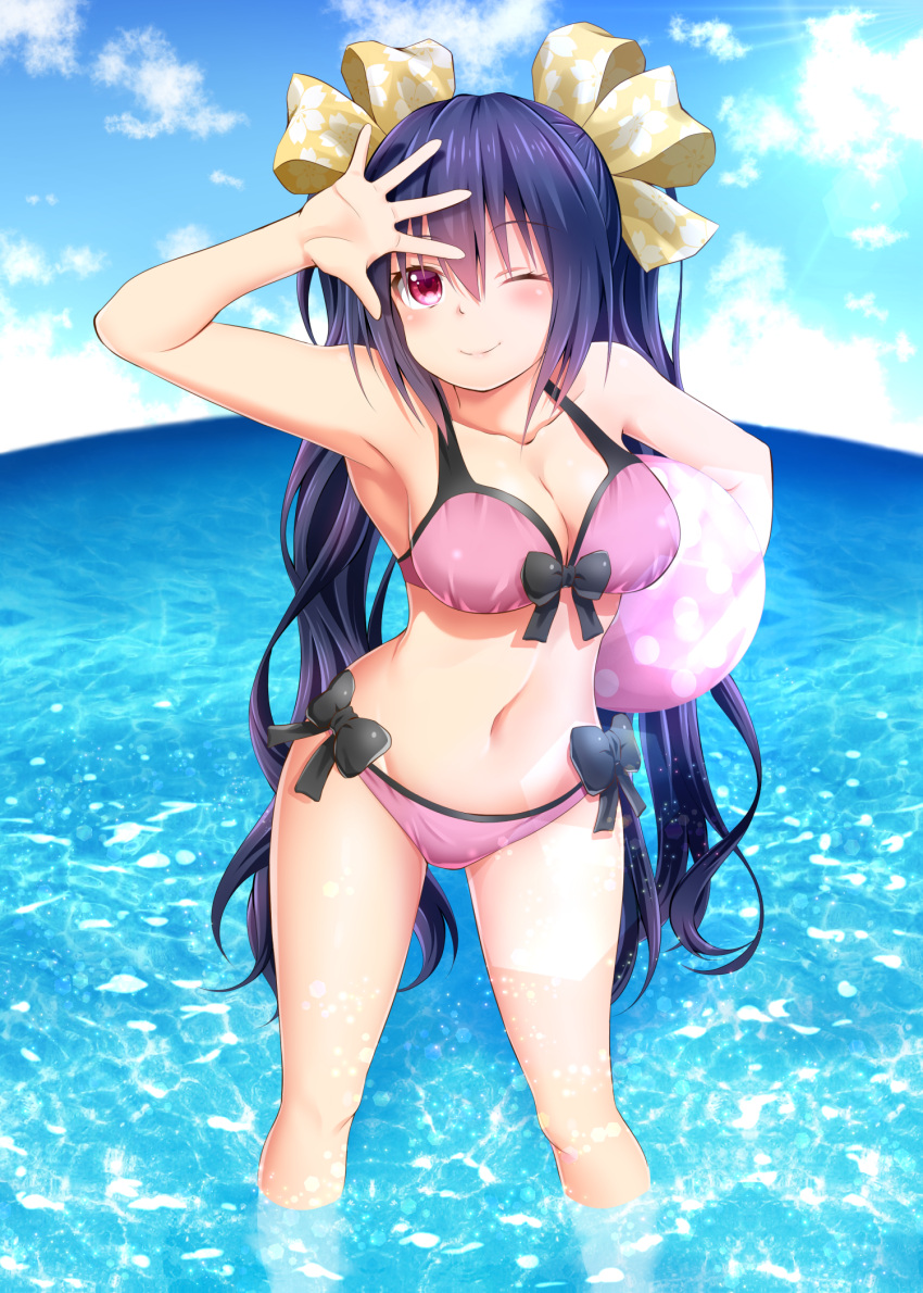 1girl ;) alternate_costume armpits ball bangs beachball bikini black_bow blue_hair blue_sky bow breasts carrying_under_arm choujigen_game_neptune cleavage closed_mouth clouds collarbone eyebrows eyebrows_visible_through_hair eyelashes floral_print groin hair_between_eyes hair_ornament halterneck highres legs_apart long_hair looking_at_viewer navel neptune_(series) noire ocean oekakizuki one_eye_closed outdoors palms pink_bikini polka_dot red_eyes ribbon shade shading_eyes sky smile solo spread_fingers standing stomach summer sunlight swimsuit twintails very_long_hair wading water yellow_bow