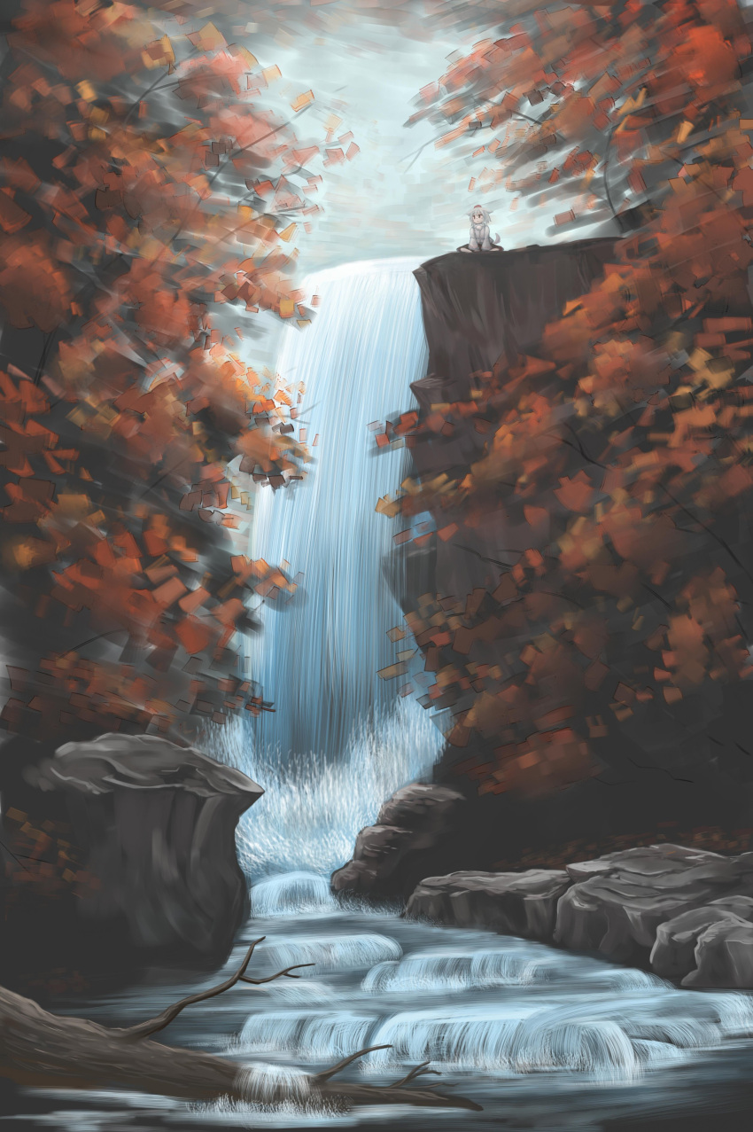 1girl absurdres animal_ears clouds forest hat highres inubashiri_momiji kibisake landscape mountain nature outdoors river rock scenery short_hair sky solo tagme tail tokin_hat touhou tree water waterfall white_hair wolf_ears wolf_tail