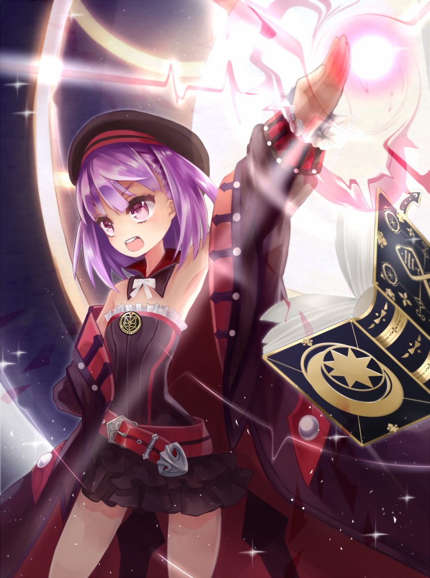 1girl book coat dress fate/grand_order fate_(series) grimoire hat helena_blavatsky_(fate/grand_order) highres magic purple_hair raised_hand strapless strapless_dress violet_eyes zhu_xiang