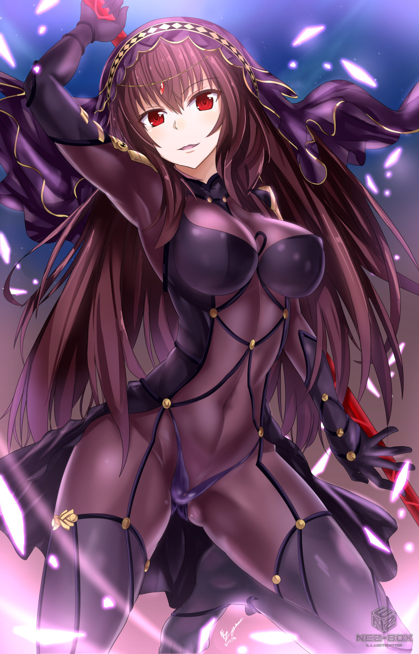 1girl 2016 absurdres arm_up armpits artist_name ass_visible_through_thighs bangs bodysuit breasts brown_hair circlet covered_navel dated eyebrows eyebrows_visible_through_hair fate/grand_order fate_(series) gae_bolg gloves gradient gradient_background hair_between_eyes highres holding large_breasts light_particles long_hair looking_at_viewer nez-kun no_shoes panties pauldrons polearm red_eyes scathach_(fate/grand_order) see-through signature smile solo spear thigh-highs underwear veil weapon