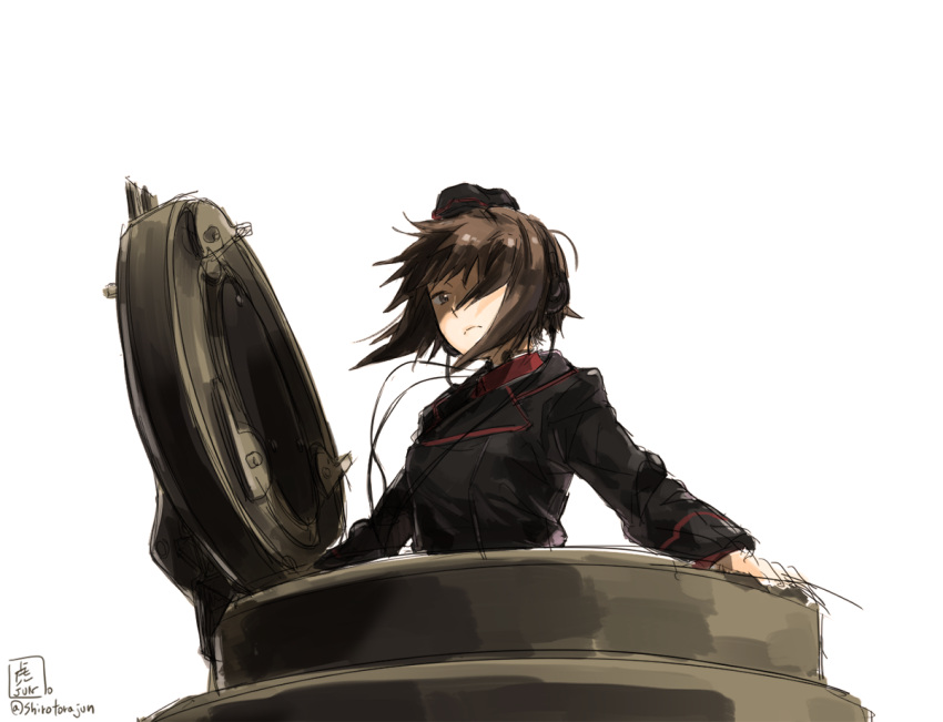 1girl black_jacket brown_eyes brown_hair garrison_cap girls_und_panzer hat jacket nishizumi_maho red_shirt shirt short_hair solo tora_jun white_background