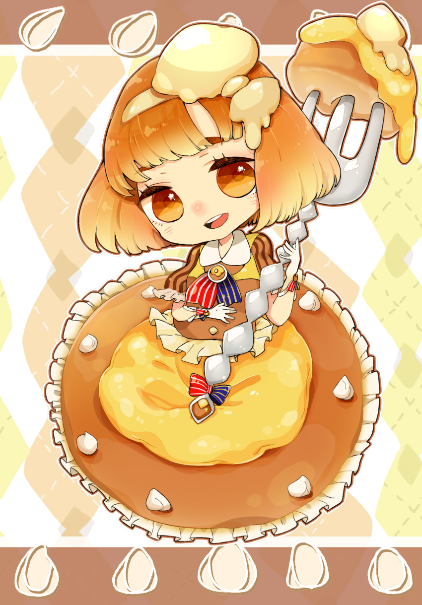 1girl absurdres apron argyle argyle_background bow brown_eyes brown_hair butter dress food_themed_clothes food_themed_hair_ornament fork frilled_dress frills full_body futakawa_makoto hair_ornament highres looking_at_viewer morinaga_&amp;_company orange_dress original oversized_object short_hair smile solo striped striped_bow