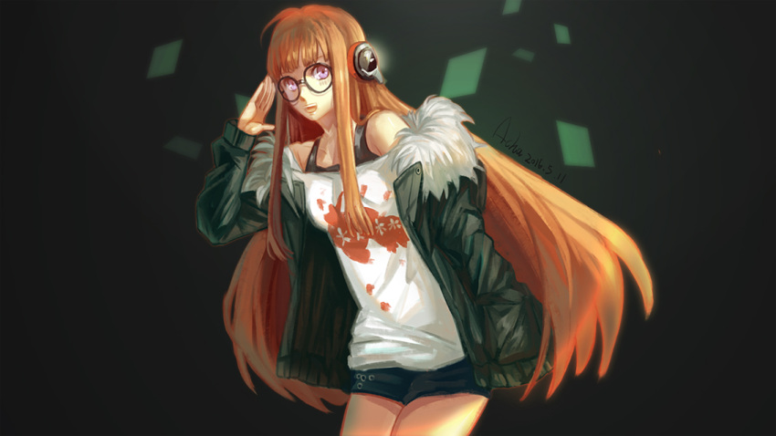 1girl artist_request glasses headphones jacket long_hair orange_hair persona persona_5 sakura_futaba