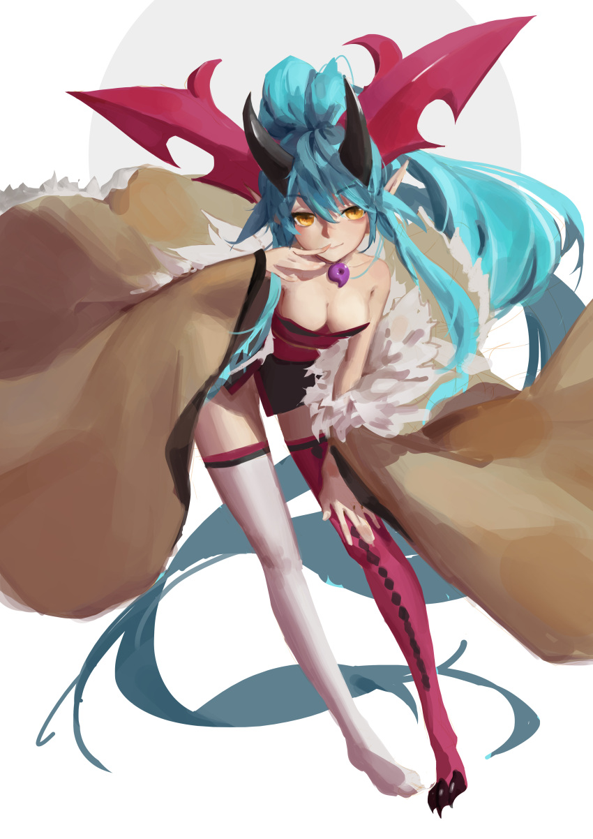 1girl absurdly_long_hair absurdres arm_support bangs bare_shoulders breasts cleavage detached_sleeves downblouse eyebrows eyebrows_visible_through_hair fur_trim hair_between_eyes hair_ornament highres horns japanese_clothes kimono large_breasts long_hair long_sleeves looking_at_viewer magatama mismatched_legwear obi orokanahime pink_legwear pointy_ears ponytail puzzle_&amp;_dragons sash satsuki_(p&amp;d) short_kimono sidelocks sketch smile solo thigh-highs very_long_hair white_background white_legwear wide_sleeves yellow_eyes