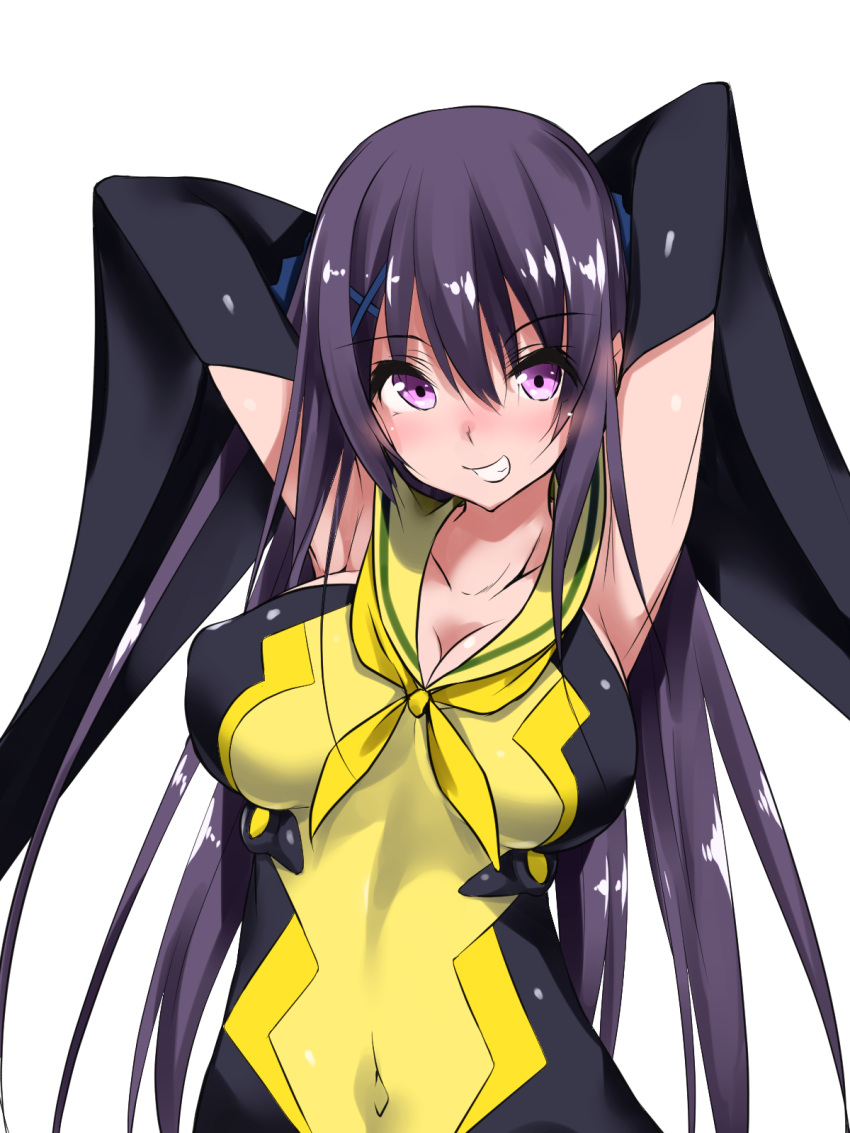 1girl ao_no_kanata_no_four_rhythm armpits arms_behind_head arms_up black_hair blush breasts collarbone covered_navel dendendert detached_sleeves highres large_breasts long_hair looking_at_viewer simple_background smile solo tobisawa_misaki violet_eyes white_background wide_sleeves x_hair_ornament