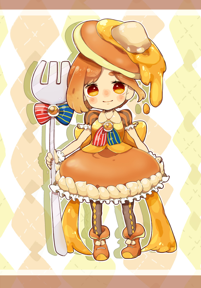 1girl absurdres argyle argyle_legwear black_legwear bow brooch brown_hair butter eyebrows food_themed_clothes food_themed_hair_ornament fork full_body futakawa_makoto hair_ornament highres jewelry looking_at_viewer morinaga_&amp;_company orange_bow orange_eyes orange_shoes orange_skirt original oversized_object pancake pantyhose personification shoes short_hair skirt smile solo standing striped striped_bow thick_eyebrows