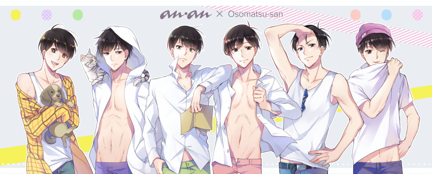 6+boys :&lt; :d ;3 alternate_costume animal animal_on_shoulder arm_up armpits bangs beanie belly_peek belt black_hair blue_eyes blue_pants book brothers cat chest closed_mouth collarbone collared_shirt copyright_name dog dress_shirt dripping ekira_nieto eyebrows eyebrows_visible_through_hair frown green_eyes green_pants grey_background hand_in_hair hand_in_pocket hand_on_hip hand_on_own_head hat head_tilt highres holding holding_animal holding_book hood hooded_jacket jacket lineup long_sleeves looking_at_viewer male_focus matsuno_choromatsu matsuno_ichimatsu matsuno_juushimatsu matsuno_karamatsu matsuno_osomatsu matsuno_todomatsu multiple_boys navel off_shoulder open_book open_clothes open_fly open_jacket open_mouth open_shirt osomatsu-kun osomatsu-san pants pink_eyes pink_hat plaid plaid_shirt purple_pants red_eyes red_pants sextuplets shade shirt shirt_lift short_sleeves siblings sleeveless sleeves_past_wrists smile sparkle stomach striped sunglasses sunglasses_removed sweat tank_top turtleneck upper_body violet_eyes white_shirt yellow_eyes