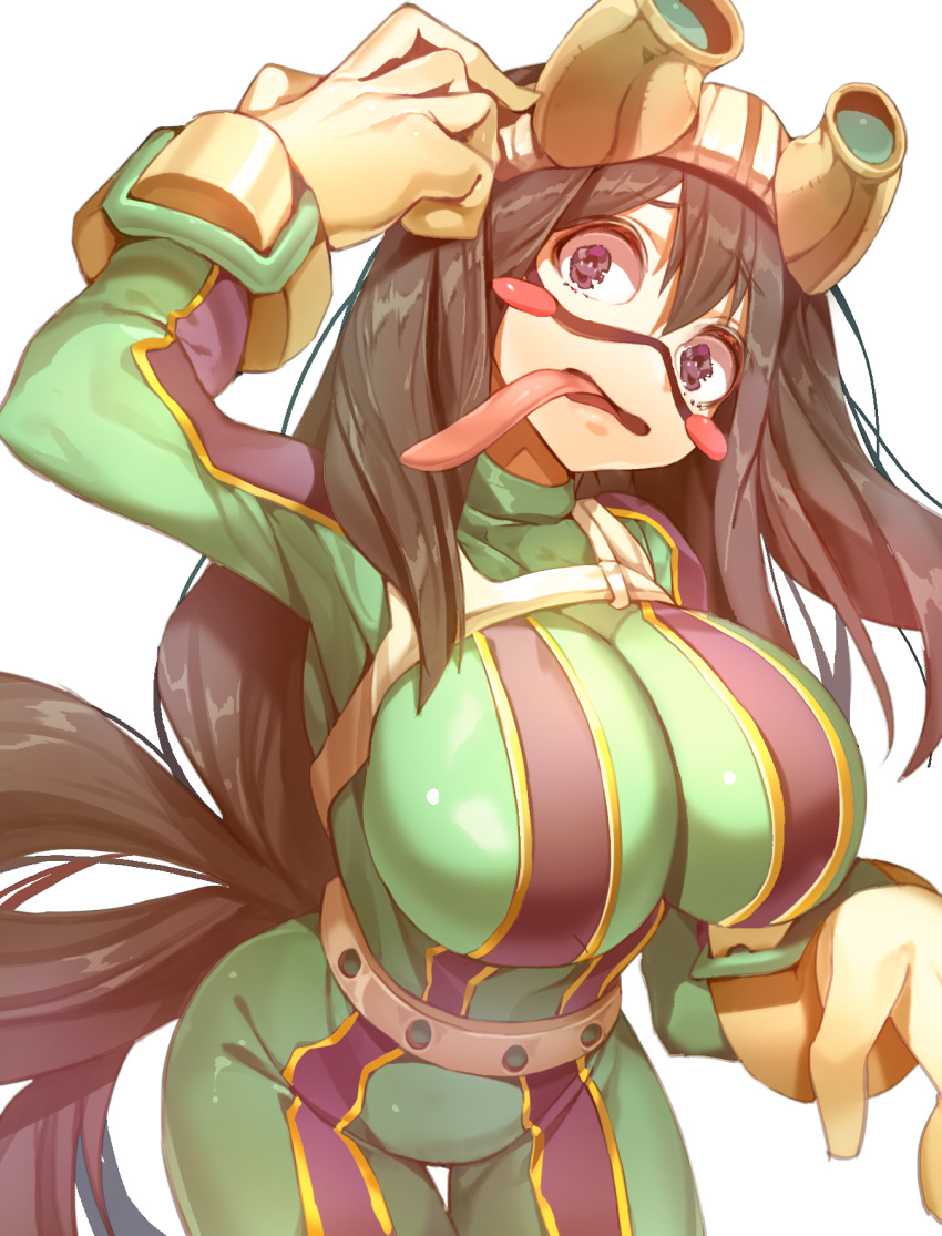 1girl :&gt; asui_tsuyu belt black_hair blush blush_stickers bodysuit boku_no_hero_academia breasts cleavage eyelashes frog_girl from_above gloves goggles goggles_on_head hair_rings hand_on_head highres huge_breasts long_hair long_tongue low-tied_long_hair monster_girl naeun_(pinky1866) open_mouth revision shiny shiny_clothes skin_tight solo tongue tongue_out violet_eyes