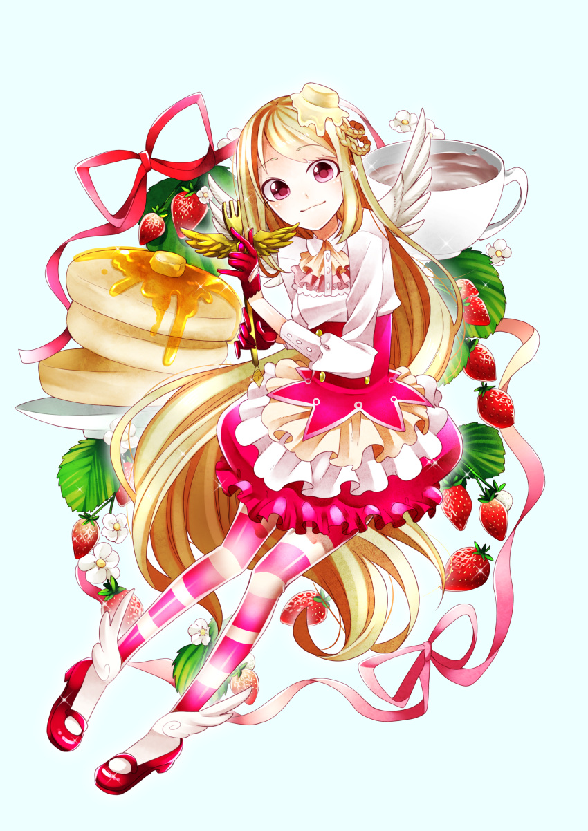 1girl absurdres blonde_hair blue_background bow bubble_skirt butter coffee cup flower food food_themed_hair_ornament fork frilled_skirt frills fruit full_body gloves hair_ornament highres layered_skirt leaf long_hair looking_at_viewer masumofu morinaga_&amp;_company mug original pancake pantyhose personification red_bow red_eyes red_gloves red_shoes red_skirt shirt shoes skirt smile solo strawberry strawberry_blossoms striped striped_legwear white_shirt wings