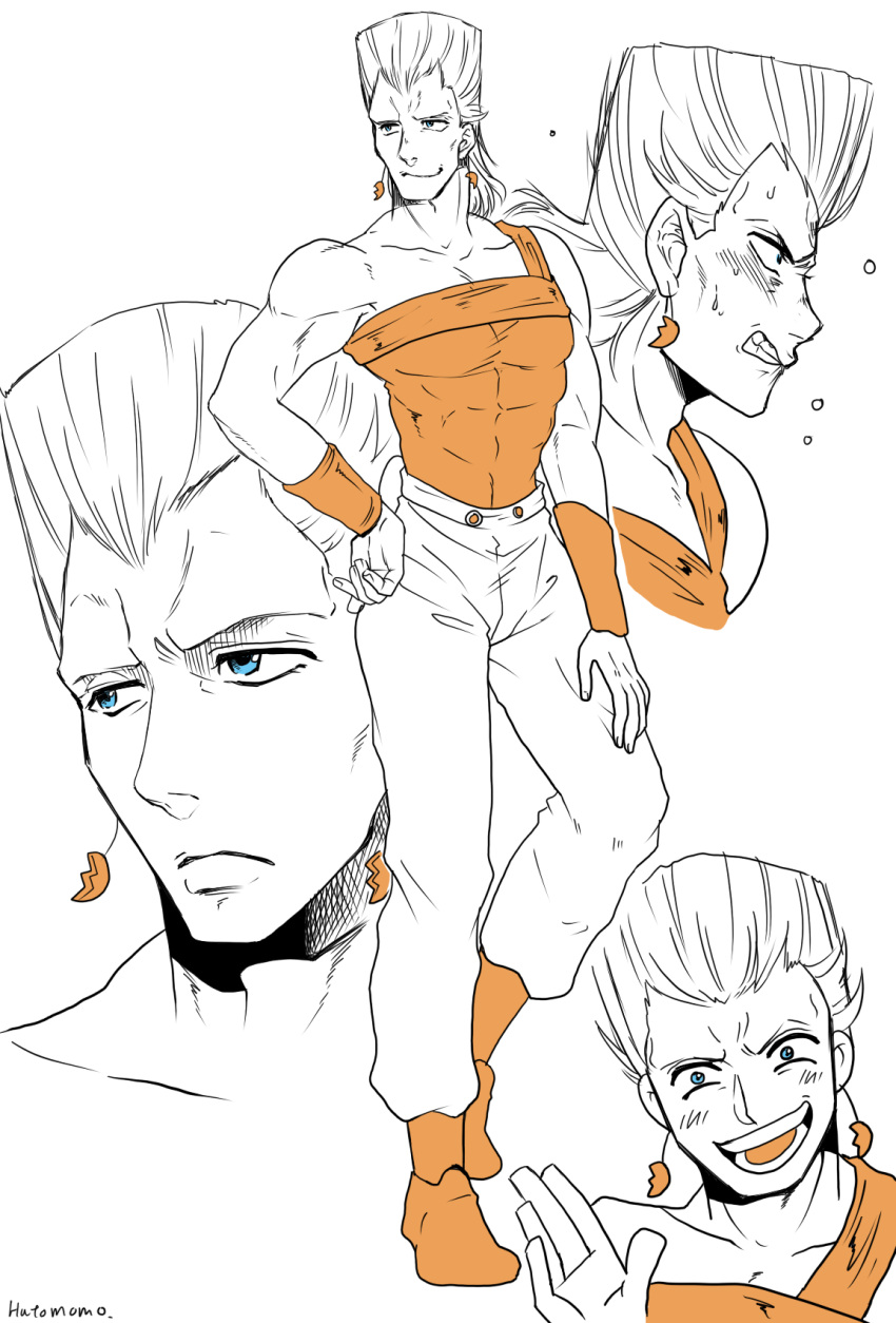 1boy abs angry artist_name blue_eyes clenched_teeth collarbone crosshatching earrings frown hand_on_hip highres hutomomo_syobou jean_pierre_polnareff jewelry jojo_no_kimyou_na_bouken male_focus monochrome open_mouth signature smile solo spot_color teeth widow's_peak wristband