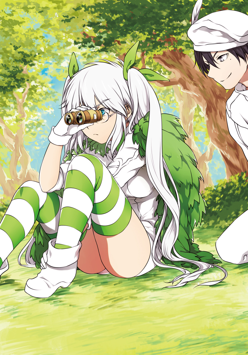 1boy 1girl abe_no_seimei_(drifters) binoculars black_hair blue_eyes boots camouflage drifters feathers frown glasses gloves grass hair_ribbon hat highres kneeling lavender_eyes mikura_(miraclemicro) mole mole_under_eye olmine ribbon sitting sleeves_rolled_up smile striped striped_legwear thigh-highs tree twintails white_boots white_gloves white_hair