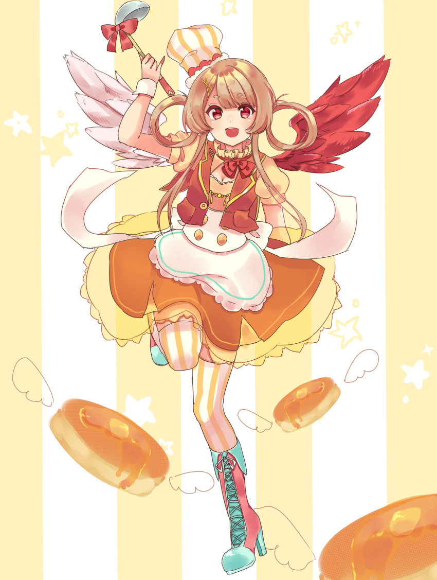 1girl :d apron asymmetrical_wings boots bow brown_hair chef_hat cross-laced_footwear food_themed_clothes full_body hair_over_shoulder hair_rings hat highres knee_boots lace-up_boots ladle long_hair looking_at_viewer morinaga_&amp;_company open_mouth orange_skirt original pancake personification punya red_bow red_eyes skirt smile solo standing_on_one_leg striped striped_background striped_legwear thigh-highs twintails vest wings