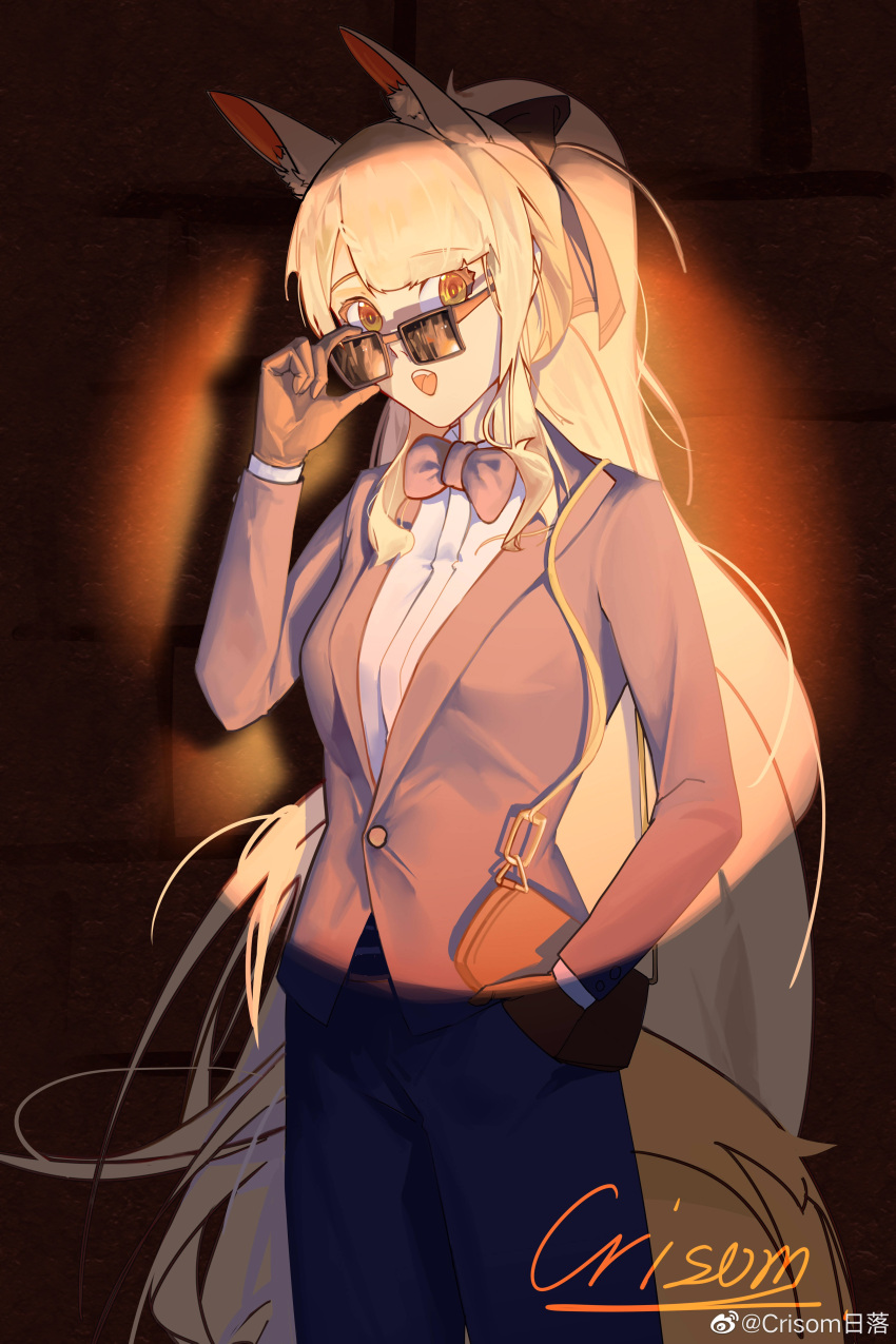 1girl absurdres adjusting_eyewear alternate_costume animal_ear_fluff animal_ears arknights blemishine_(arknights) blonde_hair bow bowtie brick_wall crisom_bingjiling formal gloves hand_in_pocket highres horse_ears horse_girl horse_tail long_sleeves looking_at_viewer open_mouth orange_eyes shirt signature solo suit sunglasses tail white_shirt
