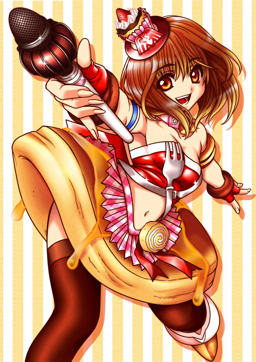 1girl brown_eyes brown_hair brown_legwear brown_skirt cowboy_shot crop_top fingerless_gloves fingernails food_as_clothes food_themed_hair_ornament gloves hair_ornament highres idol looking_at_viewer microphone midriff morinaga_&amp;_company navel oogami_makoto_(artist) original pancake personification red_gloves short_hair skirt smile solo standing_on_one_leg strawberry_hair_ornament striped striped_background swiss_roll syrup thigh-highs