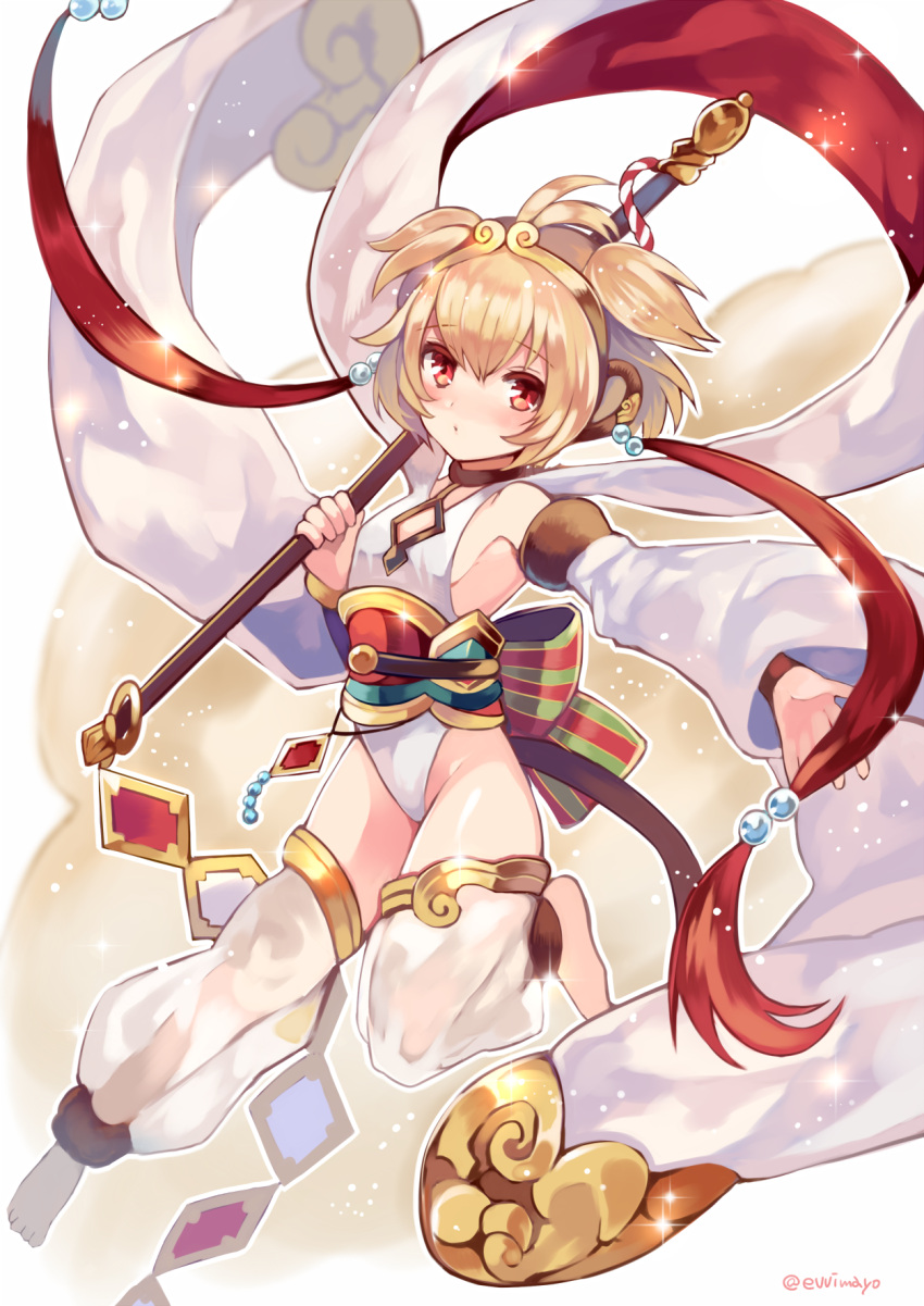 1girl anchira_(granblue_fantasy) antenna_hair armpits artist_name bare_shoulders barefoot beads blonde_hair blush breasts cleavage_cutout detached_pants detached_sleeves eyebrows eyebrows_visible_through_hair full_body glin granblue_fantasy groin head_tilt highres holding holding_staff leotard long_sleeves looking_at_viewer monkey_ears outstretched_arm red_eyes see-through shina_shina shiny shiny_skin short_hair sideboob solo staff tareme tassel two_side_up
