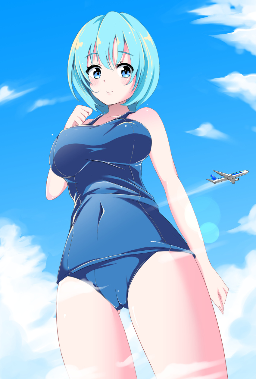 1girl airplane blue_eyes clouds giantess green_hair highres original shima_yuri_ika sky solo swimsuit tagme