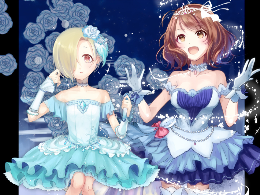 2girls blonde_hair breasts brown_eyes brown_hair dress gloves hair_over_one_eye idolmaster idolmaster_cinderella_girls idolmaster_cinderella_girls_starlight_stage jewelry komoe_(hinagatu) looking_at_viewer multiple_girls nagatomi_hasumi open_mouth pocket_watch shirasaka_koume short_hair smile thigh-highs tiara watch