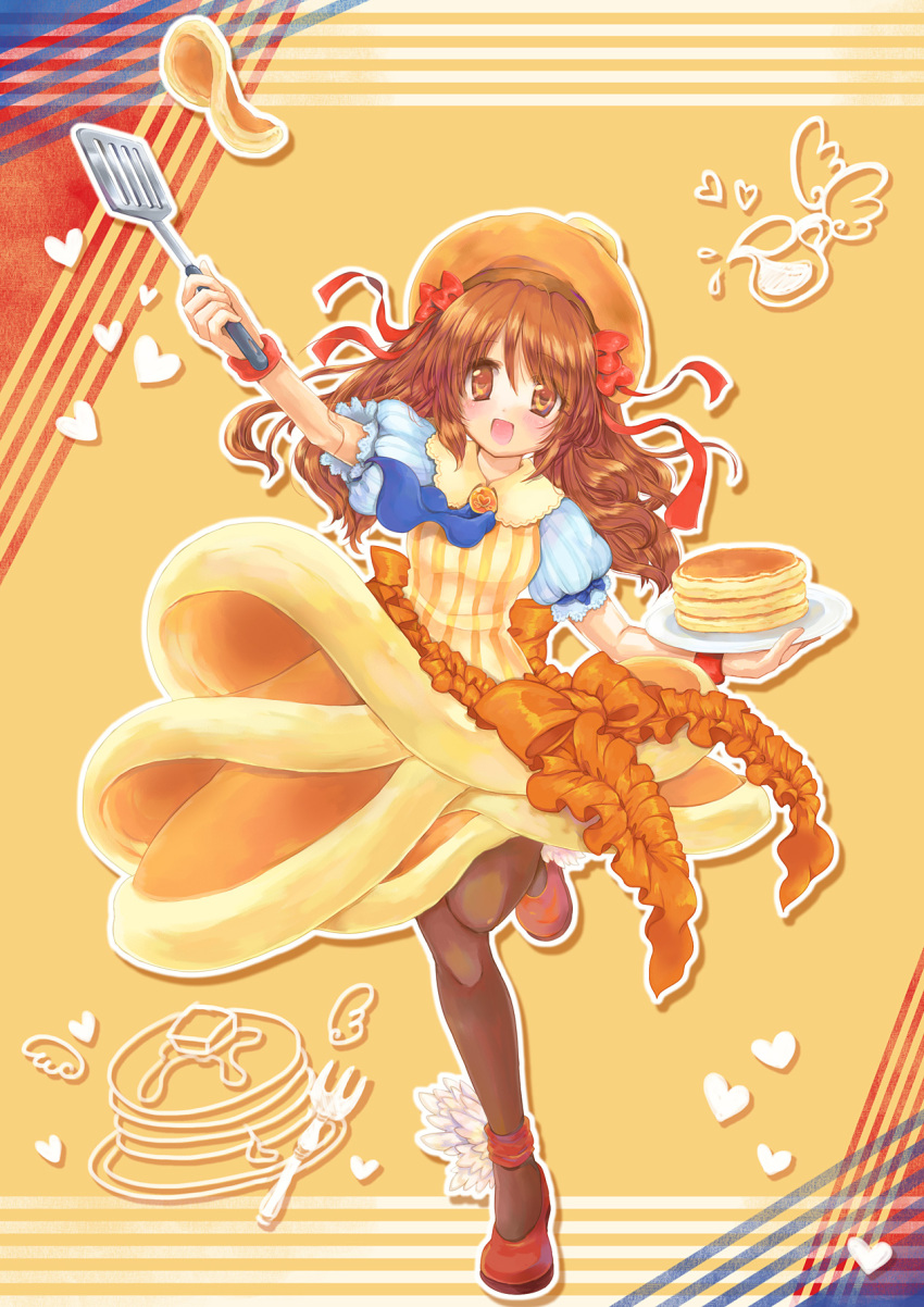 1girl :d black_legwear blue_necktie bow brooch brown_eyes brown_hair food_as_clothes full_body hat hat_bow heart highres hizukiryou jewelry layered_skirt long_hair looking_at_viewer morinaga_&amp;_company necktie open_mouth orange_background orange_bow orange_hat orange_skirt original pancake pantyhose personification plate red_bow red_shoes shoes skirt smile solo spatula standing standing_on_one_leg