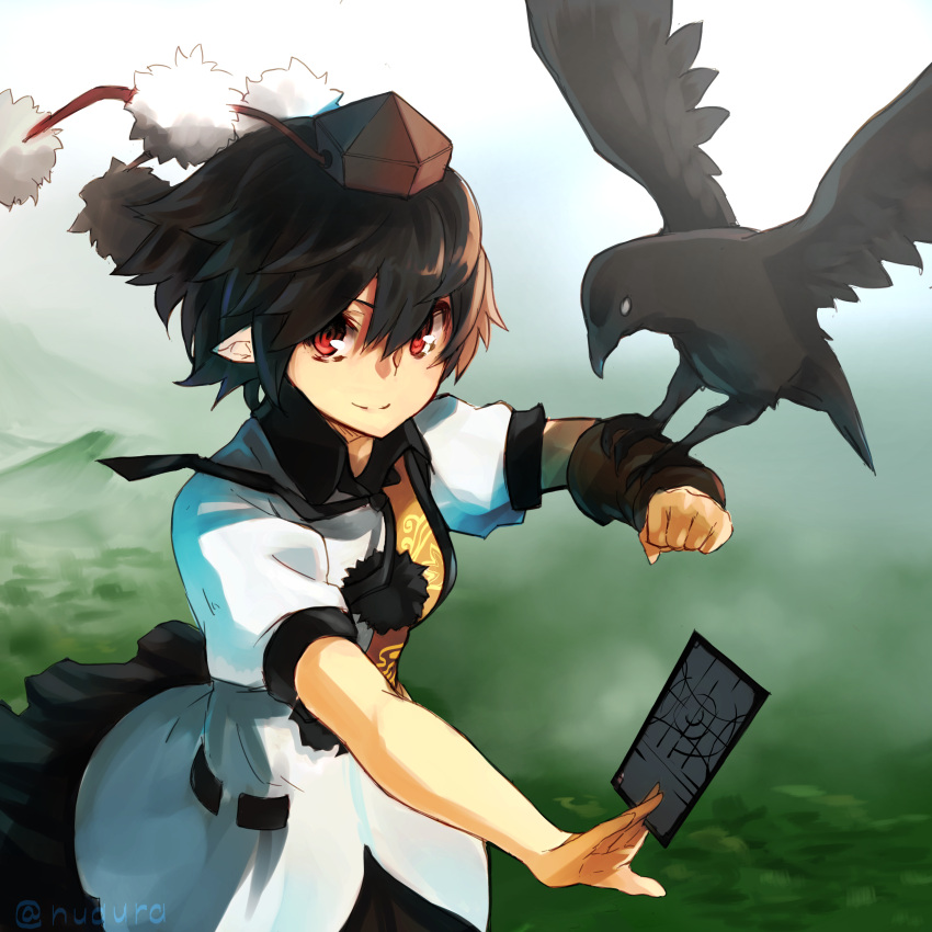 1girl absurdres artist_name bird black_hair clenched_hand collared_shirt crow forest frilled_skirt frills hat highres landing looking_at_viewer mountain nature nuqura outstretched_hand pointy_ears pom_pom_(clothes) puffy_short_sleeves puffy_sleeves red_eyes ribbon shameimaru_aya shirt short_hair short_sleeves skirt smile solo spell_card tokin_hat touhou