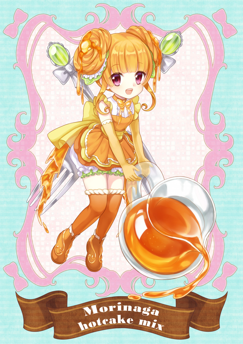 1girl :d absurdres bloomers bow brown_shoes butter double_bun elbow_gloves food_as_clothes food_themed_hair_ornament fork full_body gloves hair_ornament highres kasuka108 knife looking_at_viewer morinaga_&amp;_company open_mouth orange_hair orange_legwear orange_skirt original pancake personification pouring red_eyes shoes short_hair sidelocks skirt smile solo syrup thigh-highs underwear yellow_bow yellow_gloves