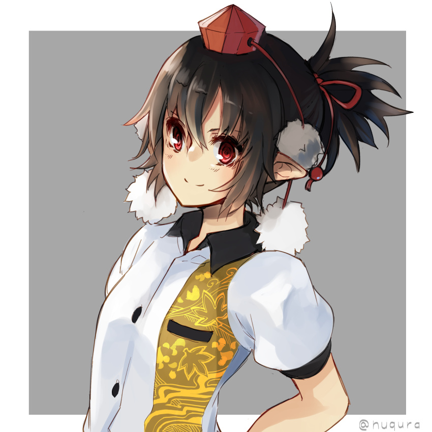1girl absurdres alternate_hairstyle artist_name blush brown_hair collared_shirt dress_shirt hat highres leaf_print nuqura pointy_ears pom_pom_(clothes) ponytail puffy_short_sleeves puffy_sleeves shameimaru_aya shirt short_hair short_sleeves simple_background smile solo tokin_hat touhou upper_body