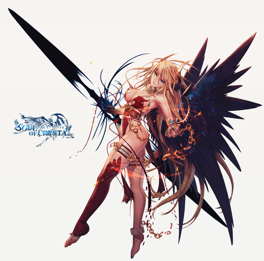 1girl aqua_eyes bare_shoulders blonde_hair breasts chain character_request claws cleavage embers fire gold head_tilt highres horns large_breasts long_hair looking_at_viewer red_legwear remana shiny shiny_skin sleeveless smile solo soul_of_crystal thigh-highs thigh_strap very_long_hair wings