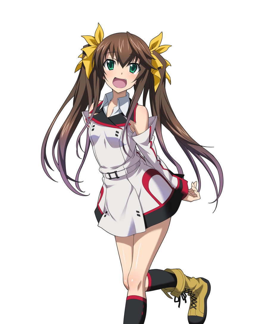 1girl :d arms_behind_back belt black_legwear brown_hair detached_sleeves eyebrows_visible_through_hair fang green_eyes hair_between_eyes hair_ribbon highres huang_lingyin infinite_stratos kneehighs long_hair looking_at_viewer one_leg_raised open_mouth ribbon shiny shiny_skin simple_background smile solo standing standing_on_one_leg twintails very_long_hair white_background yellow_ribbon