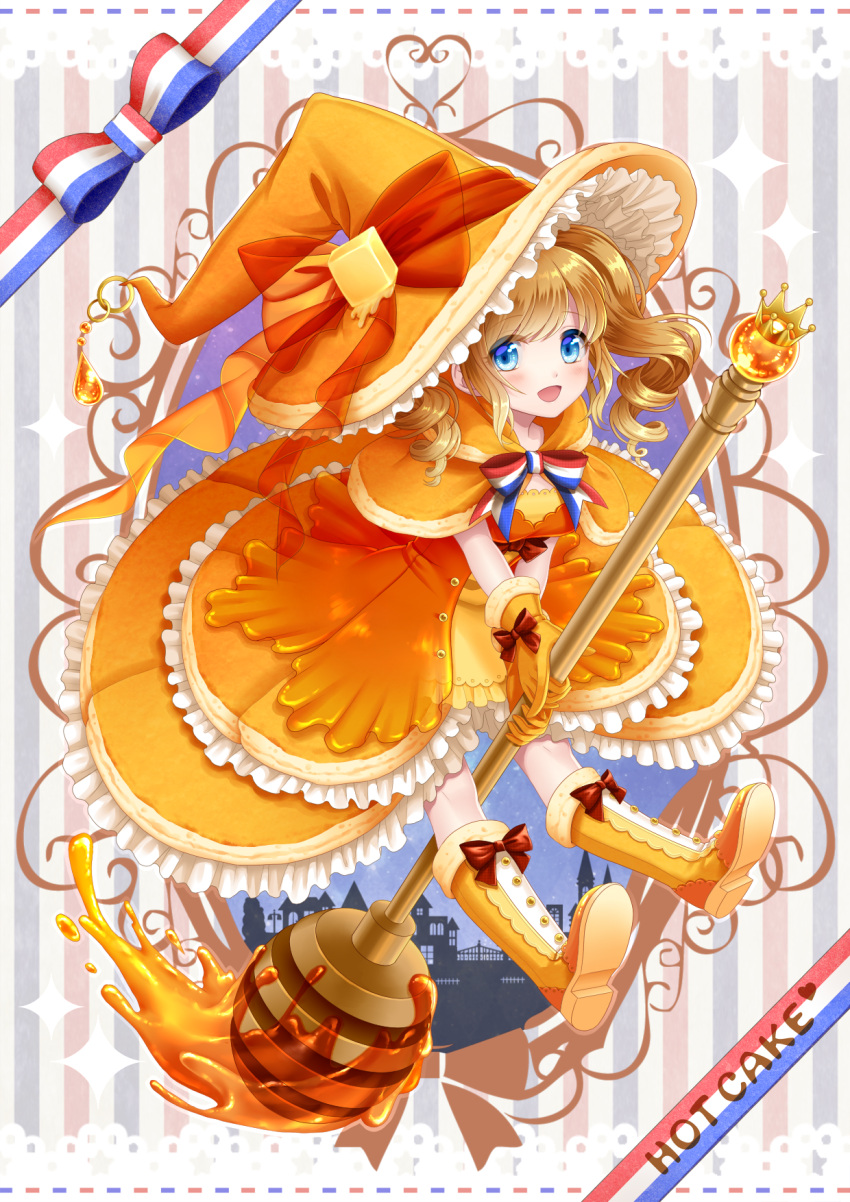 1girl blue_eyes boots bow brown_bow brown_hair curly_hair dress food_themed_clothes frills full_body gloves hat hat_bow highres honey honey_dipper knee_boots looking_at_viewer morinaga_&amp;_company orange_boots orange_bow orange_dress orange_gloves orange_hat original pancake personification short_hair smile solo striped striped_bow totsuki_ryuna twintails witch_hat