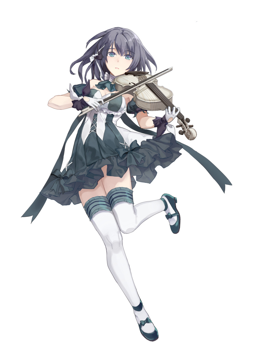 1girl absurdres bare_shoulders black_hair blue_eyes bow bow_(instrument) ddaomphyo dress gloves hair_bow highres instrument looking_at_viewer original parted_lips playing_instrument short_hair solo standing_on_one_leg thigh-highs violin white_background zettai_ryouiki