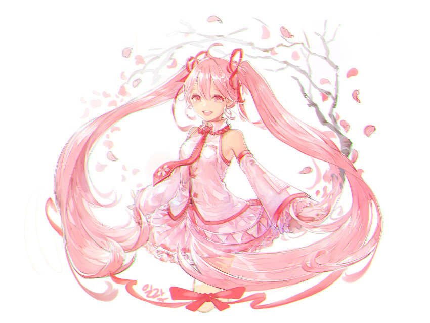 1girl alternate_color bare_shoulders cherry cherry_blossoms detached_sleeves food fruit hair_ribbon hatsune_miku illak long_hair necktie open_mouth petals pink pink_eyes pink_hair ribbon sakura_miku skirt smile solo twintails very_long_hair vocaloid