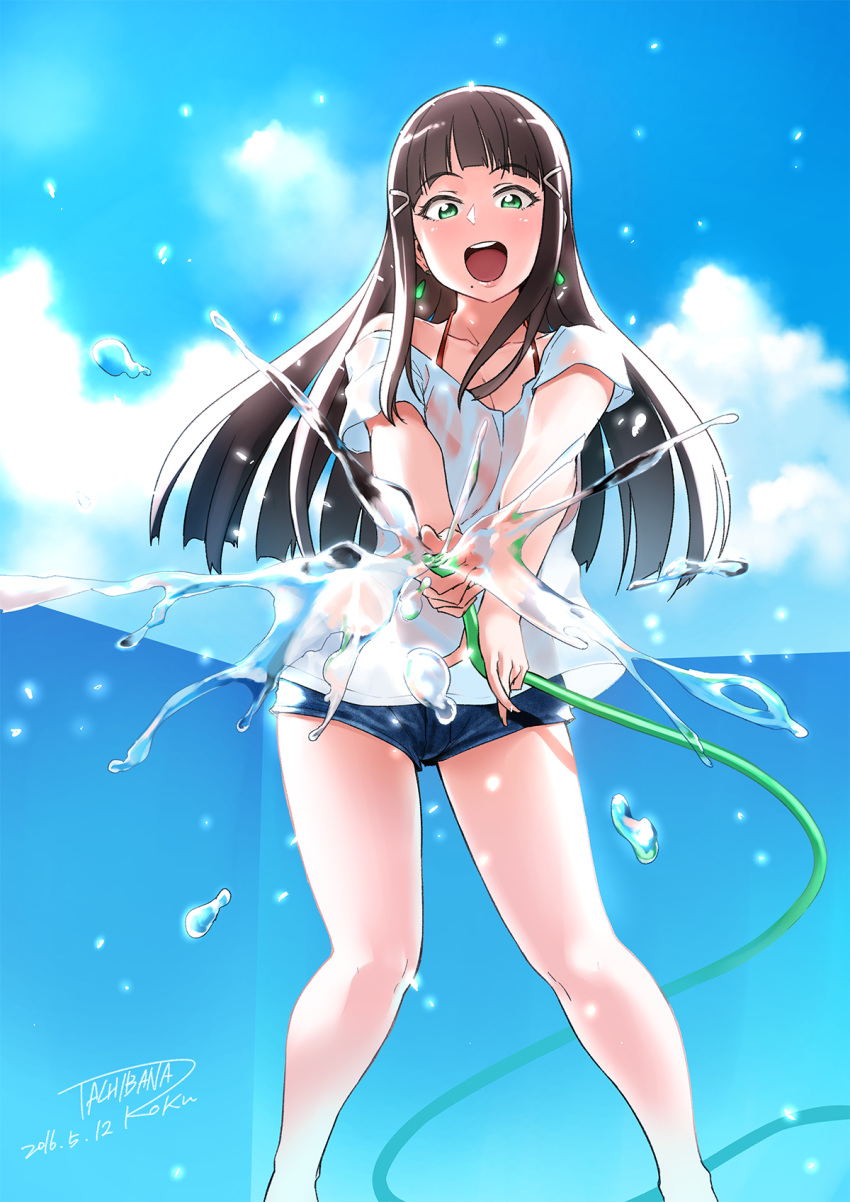 1girl :d artist_name bangs black_hair blunt_bangs clouds collarbone cutoffs dated denim denim_shorts earrings green_eyes hair_ornament hairclip highres hose jewelry kurosawa_dia long_hair love_live! love_live!_sunshine!! mole mole_under_mouth open_mouth shirt short_shorts shorts smile solo tachibana_roku water wet wet_clothes wet_shirt