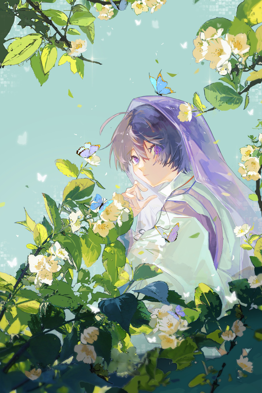 1boy absurdres ahoge bangs blue_sky blunt_ends bow branch bug butterfly closed_mouth clouds commentary_request detached_sleeves eyes_visible_through_hair flower genshin_impact grey_pants hair_between_eyes hand_up highres leaf long_sleeves looking_at_viewer looking_to_the_side male_focus mandarin_collar official_alternate_costume outdoors pants purple_bow purple_hair purple_shirt scaramouche_(genshin_impact) scaramouche_(kabukimono)_(genshin_impact) shirt short_hair sitting sky solo sparkle u37777123 veil vest violet_eyes white_flower white_vest wide_sleeves yellow_flower