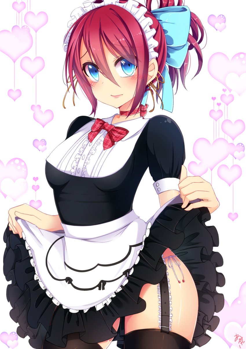 1girl apron black_legwear bloodcatblack blue_bow blue_eyes bow bowtie breasts center_frills choker closed_mouth cowboy_shot dress dress_lift eyebrows eyebrows_visible_through_hair frilled_apron frilled_dress frills garter_straps hair_between_eyes hair_bow heart highres lifted_by_self long_hair looking_at_viewer maid maid_headdress panties phantasy_star phantasy_star_online_2 plaid_bowtie ponytail red_bow red_bowtie redhead short_sleeves side-tie_panties signature solo underwear upskirt waist_apron white_apron white_background white_panties yasaka_hitsugi
