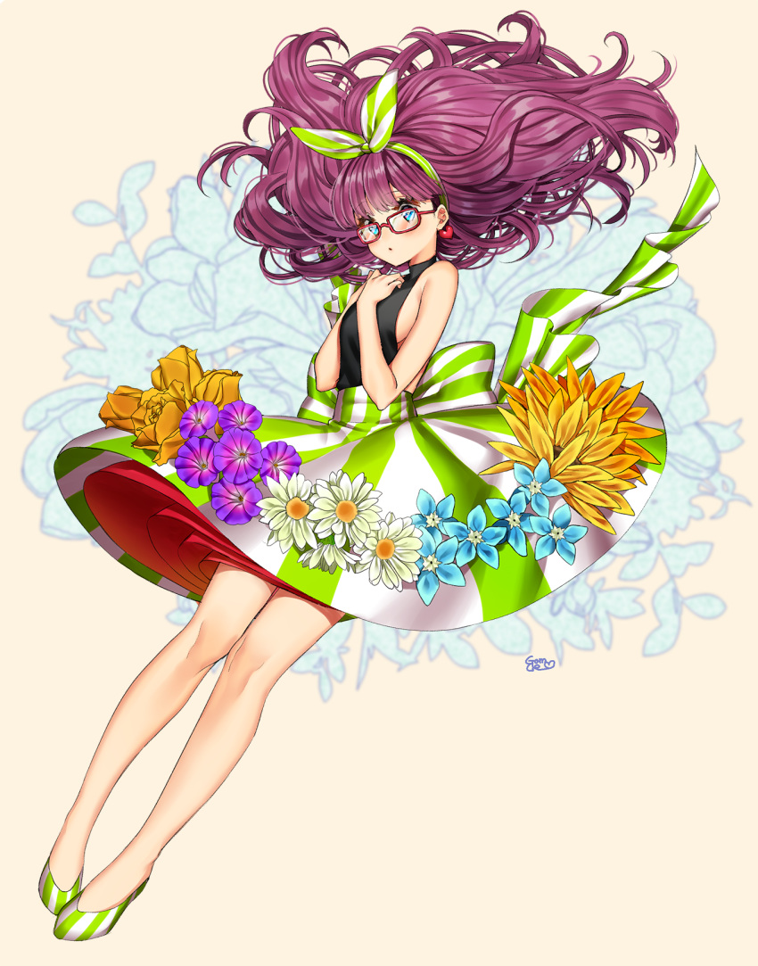 1girl :o artist_name bangs beige_background blue_eyes blue_flower blunt_bangs blush breasts character_request dress earrings eyebrows eyebrows_visible_through_hair eyelashes floating_hair flower full_body gabe_(seelunto) glasses green_shoes green_skirt hand_on_own_chest heart heart_earrings highres jewelry layered_dress long_hair looking_at_viewer own_hands_together pripara purple_flower purple_hair red-framed_glasses shoes sideboob signature skirt sleeveless solo striped striped_skirt turtleneck white_flower yellow_flower