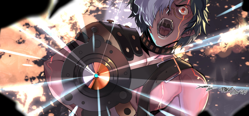 1boy ege_(597100016) glasses grey_hair hair_over_one_eye highres ikoma_(kabaneri) koutetsujou_no_kabaneri looking_at_viewer multicolored_hair open_mouth red_eyes short_hair shouting solo two-tone_hair weapon white_hair
