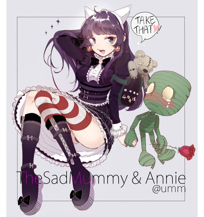 1girl amumu annie_hastur backpack bag blush boots character_name earrings fang flower heart height_difference highres holding_hands jewelry league_of_legends lolita_fashion long_hair mummy nail_polish older panties pantyshot pantyshot_(sitting) purple_hair rmm rose sitting solid_eyes sparkle striped striped_legwear tears tibbers tongue tongue_out twitter_username underwear
