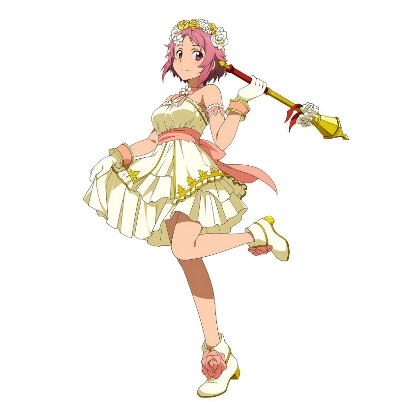 1girl brown_eyes dress flower gloves hair_flower hair_ornament highres holding lisbeth looking_at_viewer official_art pink_hair short_hair simple_background smile solo staff strapless strapless_dress sword_art_online sword_art_online:_code_register white_background white_gloves