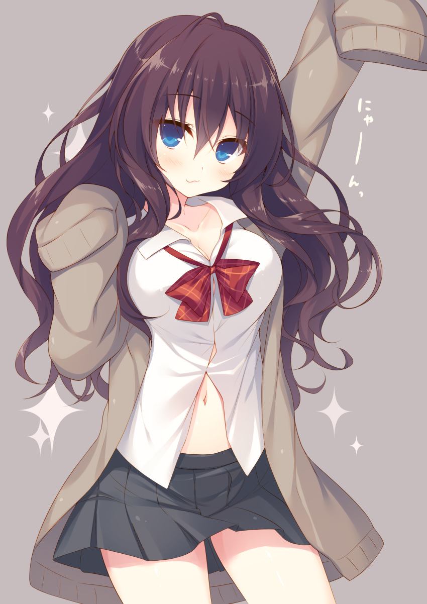 1girl :3 arm_up blue_eyes blush bow bowtie breasts brown_hair cardigan cleavage collarbone cowboy_shot highres ichinose_shiki idolmaster idolmaster_cinderella_girls large_breasts long_hair looking_at_viewer miko_92 navel open_cardigan open_clothes original school_uniform shirt simple_background skirt sleeves_past_wrists solo thighs very_long_hair
