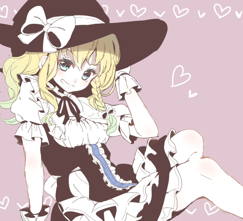 1girl apron black_dress blonde_hair blue_eyes bow braid dress eyebrows eyebrows_visible_through_hair frilled_dress frills gloves grin hair_bow hand_on_headwear hat hat_bow heart heart_background highres kirisame_marisa long_hair looking_at_viewer puffy_short_sleeves puffy_sleeves ribbon satomachi short_sleeves side_braid simple_background single_braid sitting smile solo teeth touhou waist_apron witch_hat