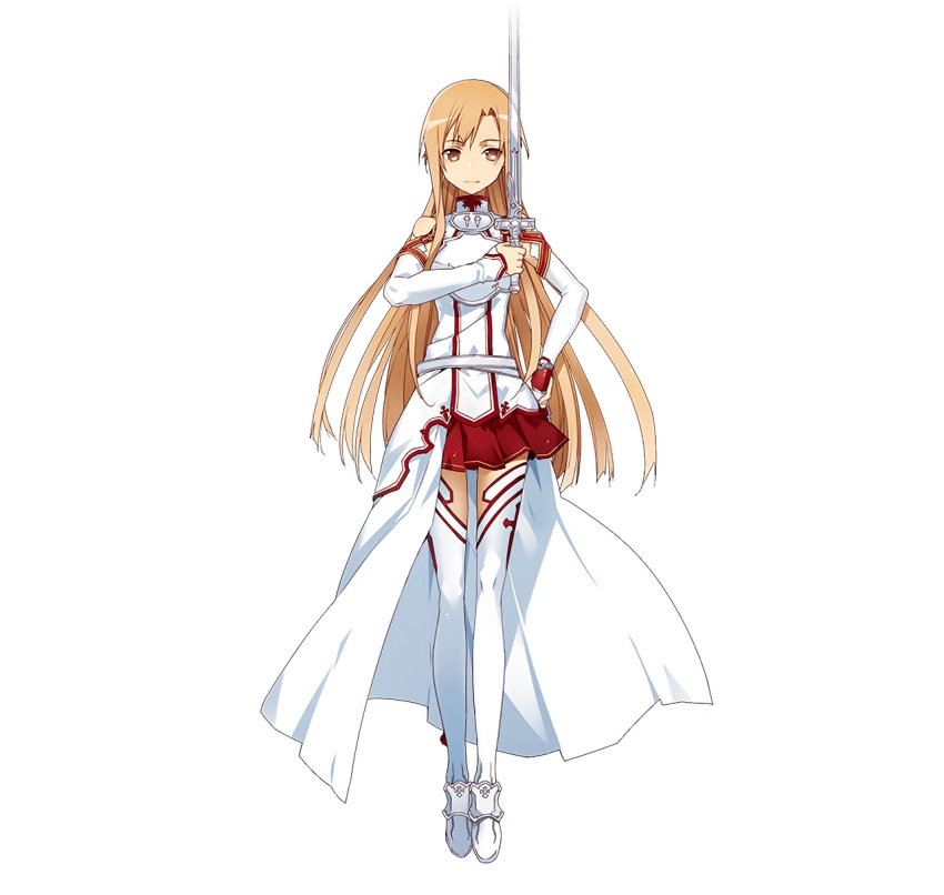 1girl a-1_pictures ascii_media_works asuna_(sao) bandai_namco boots brown_eyes brown_hair dengeki_bunko detached_sleeves hand_on_hip highres holding holding_sword holding_weapon long_hair looking_at_viewer official_art pleated_skirt red_skirt skirt solo sword sword_art_online sword_art_online:_code_register thigh-highs thigh_boots weapon white_background white_legwear yuuki_asuna