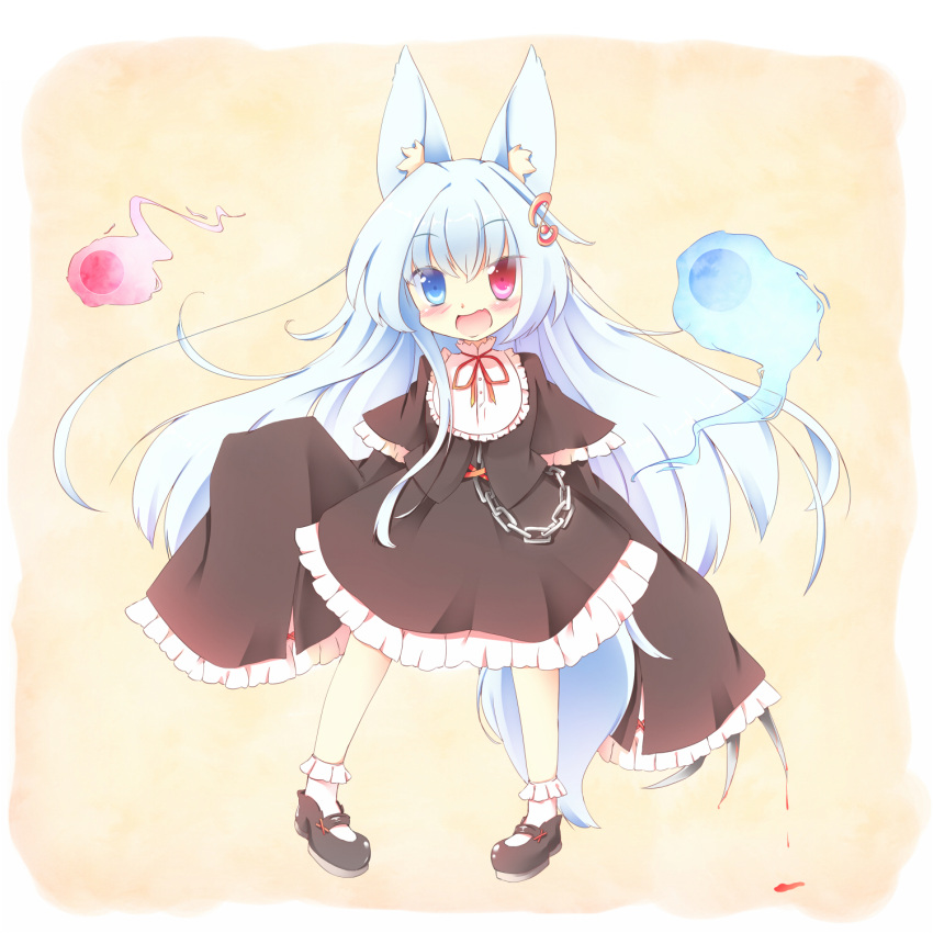 1girl :d animal_ears black_hair blood blue_eyes chain claws fang fox_ears fox_tail frilled_skirt frills heterochromia highres hitodama kt_cano long_hair open_mouth original red_eyes skirt sleeves_past_wrists smile tail