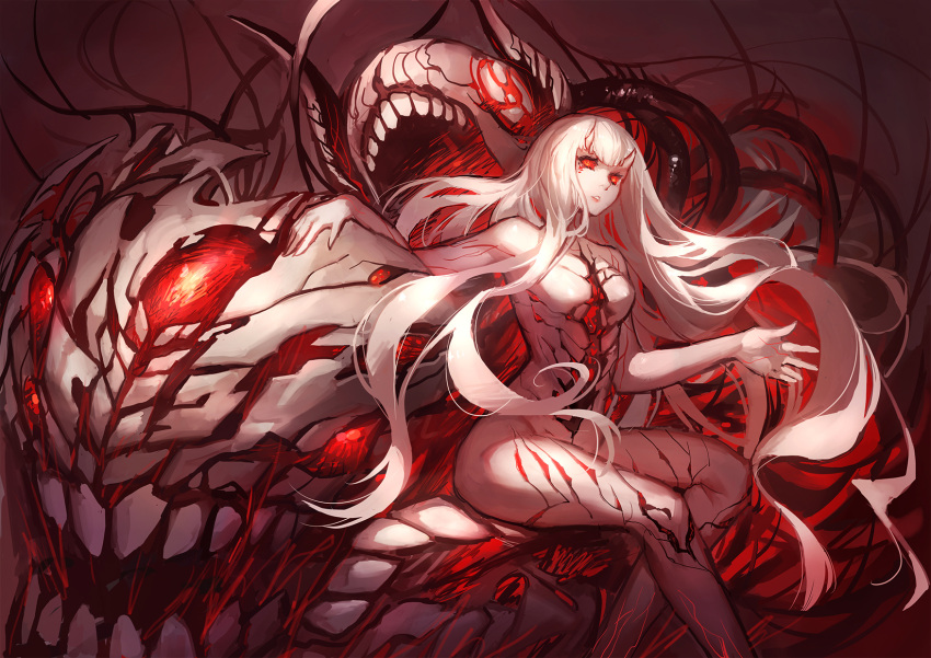 1girl breasts central_hime gods_(1073337800) highres horns kantai_collection lips long_hair looking_away open_mouth pale_skin red_eyes shinkaisei-kan sitting very_long_hair white_hair white_skin