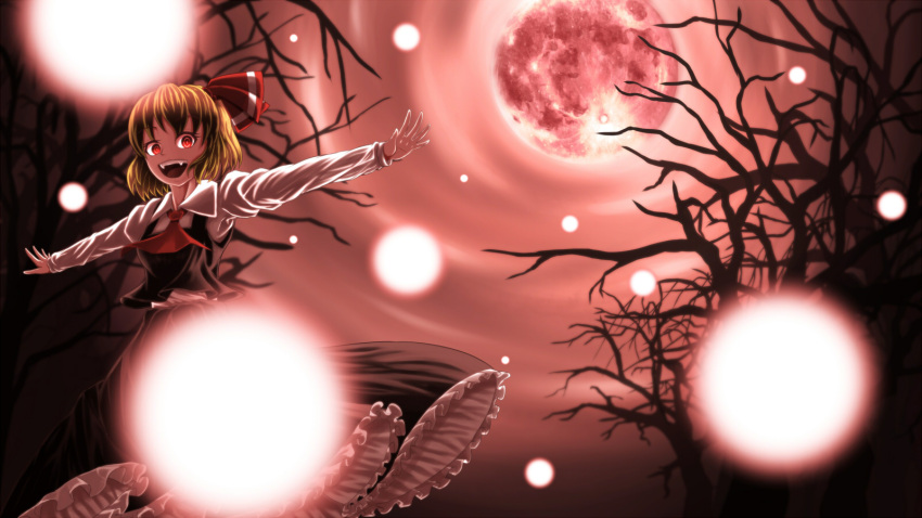 1girl :d blonde_hair frilled_skirt frills hair_ribbon highres moon open_mouth outstretched_arms red_eyes red_moon ribbon rumia shimomu_(shimom2) shirt short_hair skirt smile spread_arms touhou tree vest