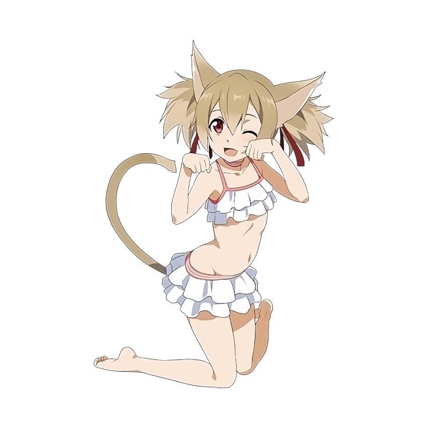 1girl animal_ears bikini brown_eyes brown_hair cat_ears collarbone frilled_bikini frills groin hair_ribbon highres long_hair navel official_art one_eye_closed open_mouth paw_pose red_ribbon ribbon silica_(sao-alo) simple_background solo swimsuit sword_art_online sword_art_online:_code_register white_background white_bikini