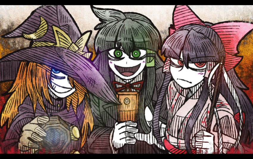 3girls ahoge bangs black_hair blonde_hair blue_eyes blunt_bangs bow cellphone crescent eyebrows eyebrows_visible_through_hair foreshortening gohei green_eyes green_hair grin hair_bow hair_tubes hakurei_reimu hakurei_reimu_(pc-98) hat hat_bow japanese_clothes kirisame_marisa kirisame_marisa_(pc-98) kochiya_sanae laughing line_shading long_hair looking_at_viewer miko mini-hakkero multiple_girls odd_one_out one_eye_covered open_mouth phone pointing pointing_at_viewer red_bow red_eyes sidelocks smile suenari_(peace) touhou touhou_(pc-98) witch_hat