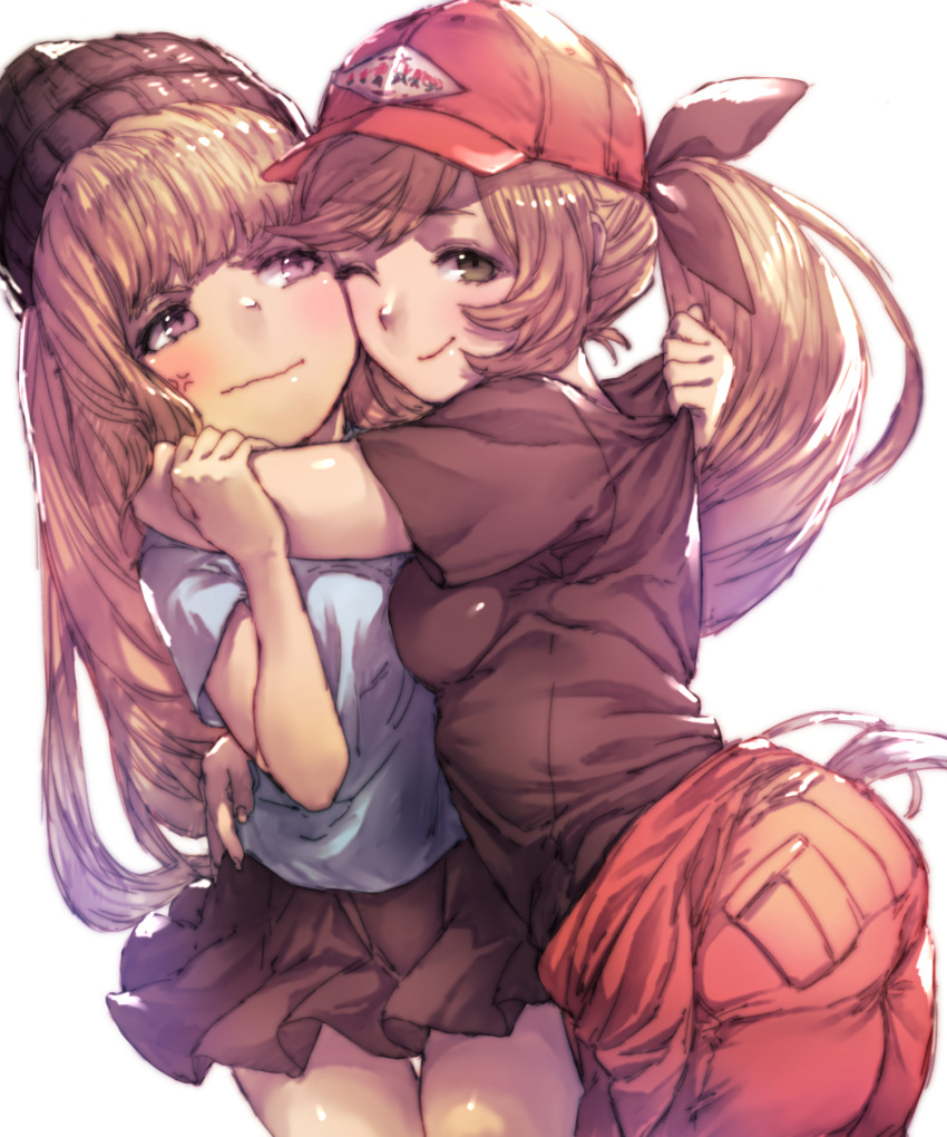 2girls ;) anger_vein arm_around_neck arm_around_waist arm_grab ass bangs baseball_cap beanie black_hat black_skirt blonde_hair blunt_bangs blush breast_press breasts brown_hair cagliostro_(granblue_fantasy) cheek-to-cheek clarisse_(granblue_fantasy) closed_mouth cowboy_shot eyelashes granblue_fantasy green_eyes hand_on_another's_arm hat highres huge_breasts long_hair looking_at_another looking_at_viewer looking_to_the_side miniskirt multiple_girls one_eye_closed pleated_skirt ponytail red_hat shirt shirt_grab short_sleeves simple_background skirt smile swept_bangs t-shirt thigh_gap uguisu_(pix-pix) violet_eyes wavy_mouth white_background