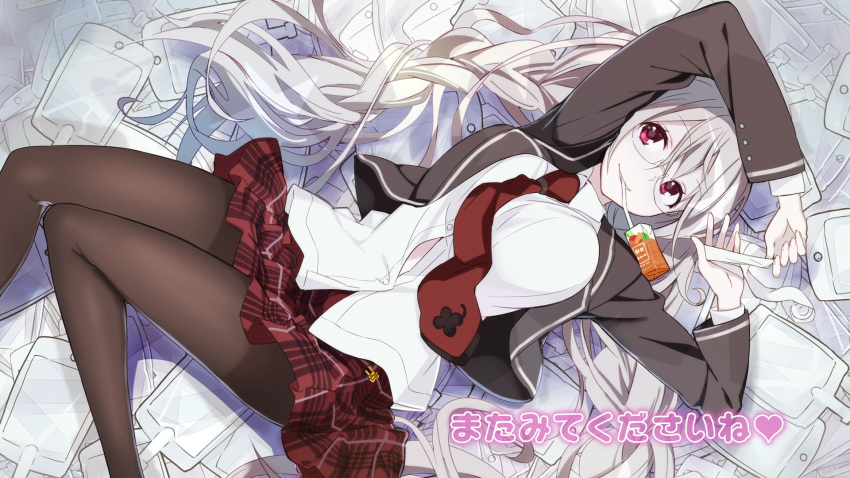 anne_happy artist_request bandages blazer breasts clover drinking_straw end_card four-leaf_clover glasses highres intravenous_drip jacket juice_box kumegawa_botan large_breasts long_hair lying necktie on_back pantyhose plaid plaid_skirt red_eyes school_uniform screencap skirt smile white_hair