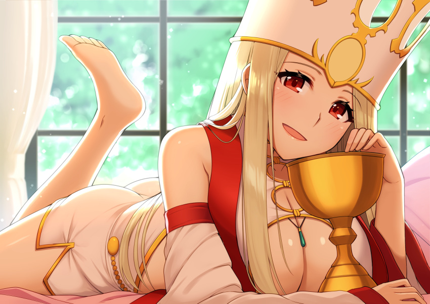 1girl barefoot breasts cleavage crown fate/grand_order fate_(series) highres holy_grail irisviel_von_einzbern long_hair lying on_stomach oyaji-sou red_eyes smile solo white_hair window