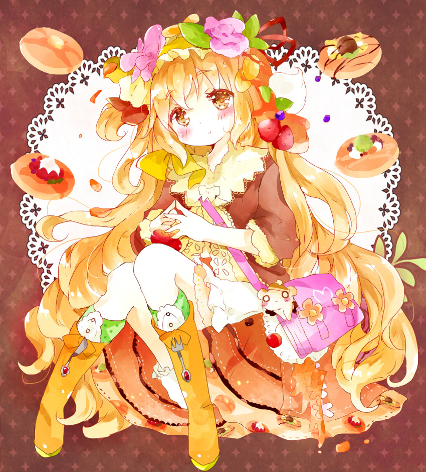 1girl bag blonde_hair boots flower food food_themed_clothes food_themed_hair_ornament fork fruit full_body hair_flower hair_ornament hamster handbag hands_together highres knee_boots long_hair looking_at_viewer morinaga_(brand) orange_boots orange_skirt original pancake personification sitting skirt solo strawberry strawberry_hair_ornament tsukiyo_(skymint)